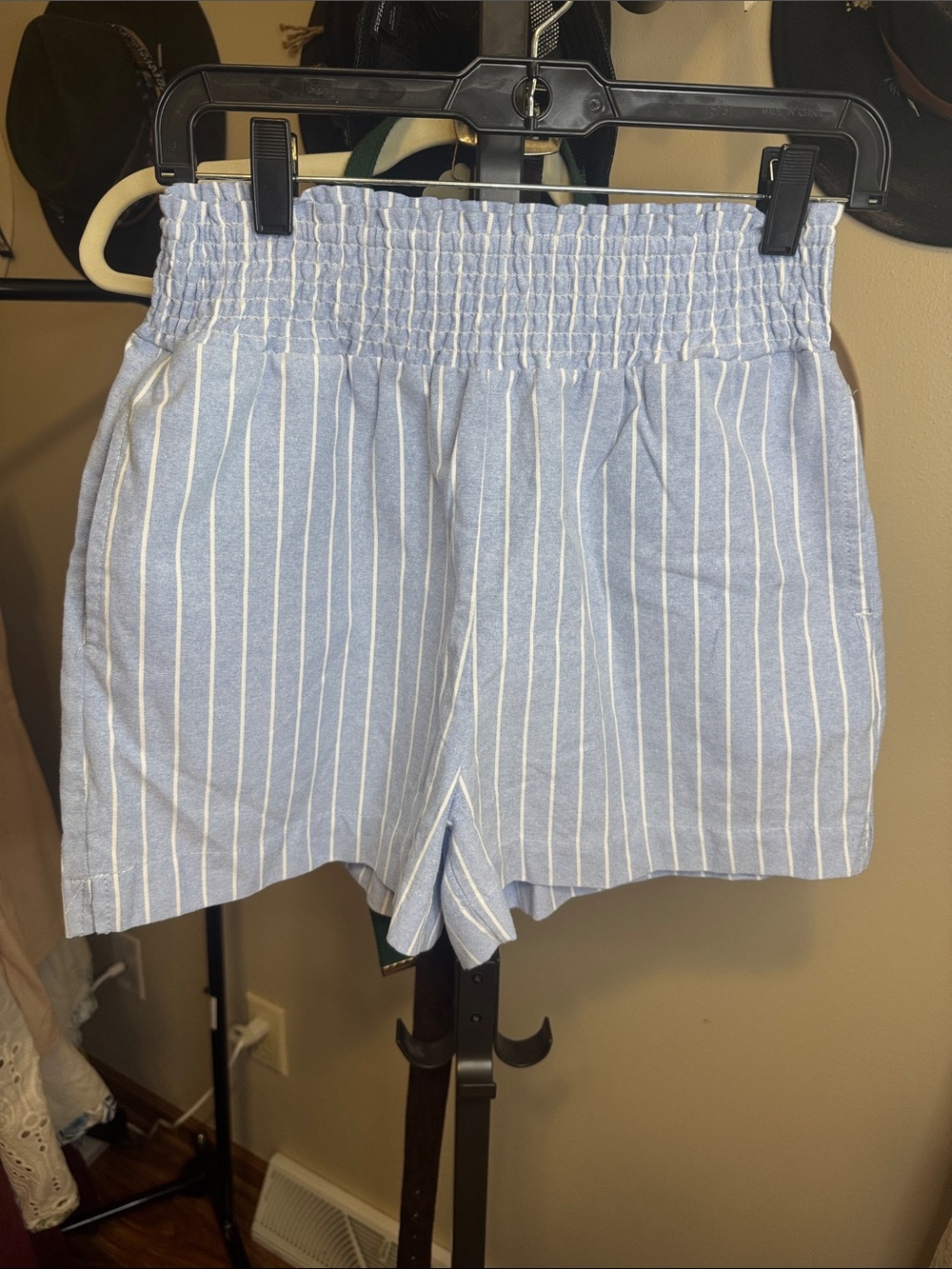 High-Waist Blue & White Stripe Smocked Shorts